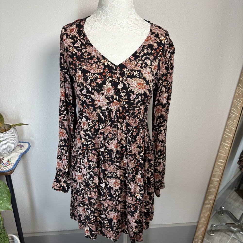 NWT KNOX ROSE Women's XS ~ Black Floral Dress V Neck Long Sleeve Babydoll Boho